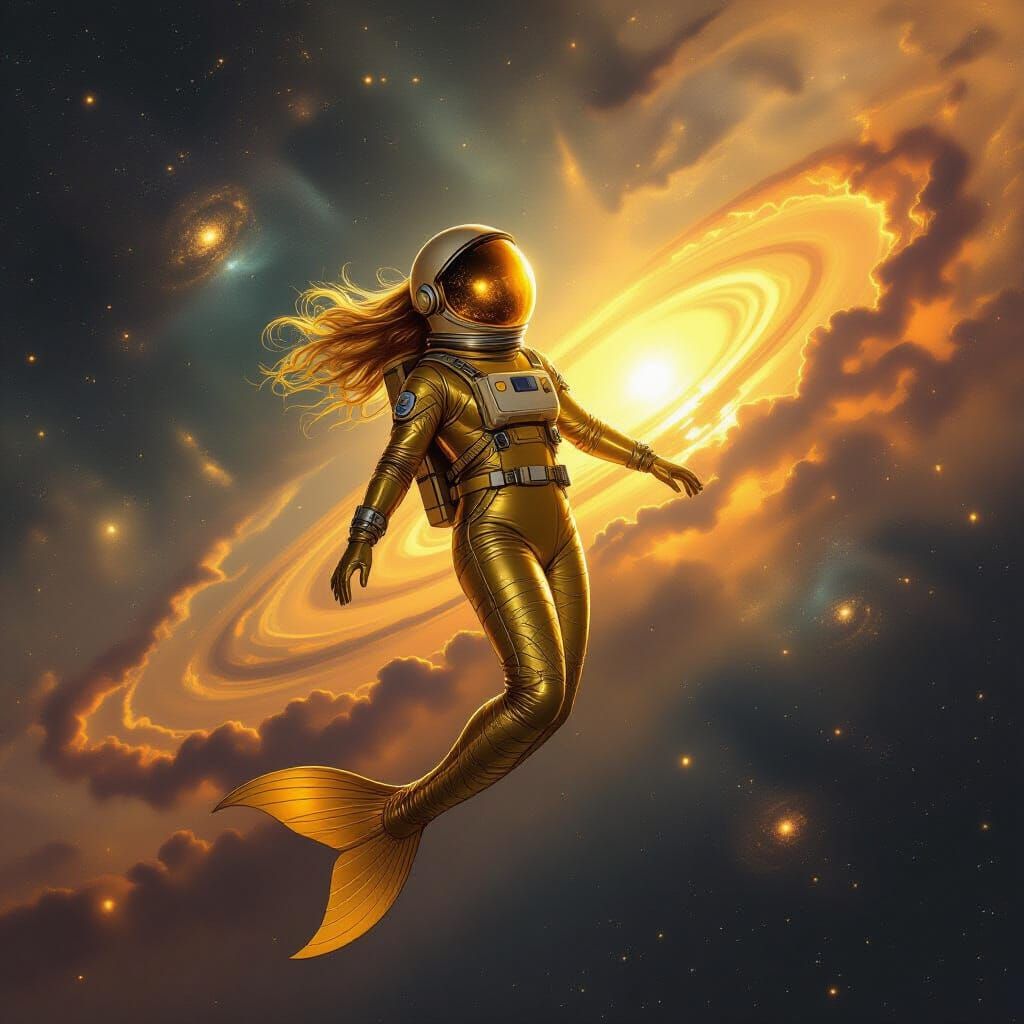 Golden Astronaut Mermaid in Cosmic Nebula