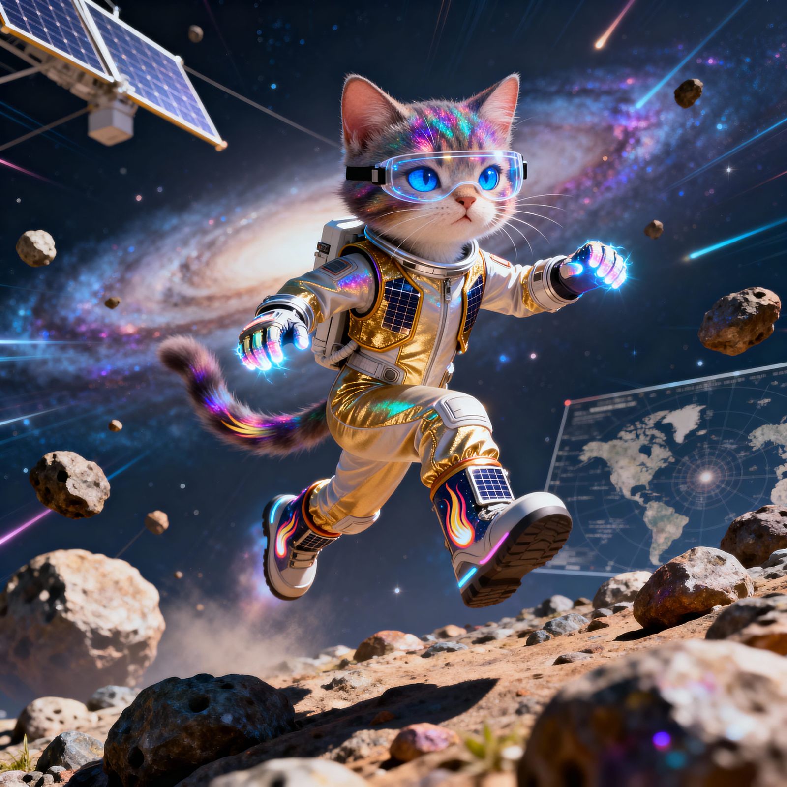 Anthropomorphic Cat Leaps Through Asteroid Field