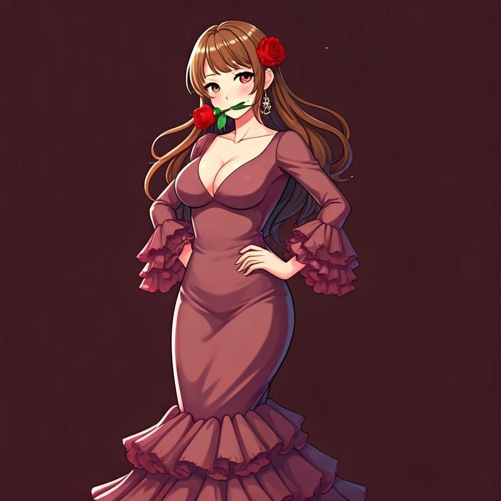 Anime Lady in Flamenco Dress with Delicate Lines