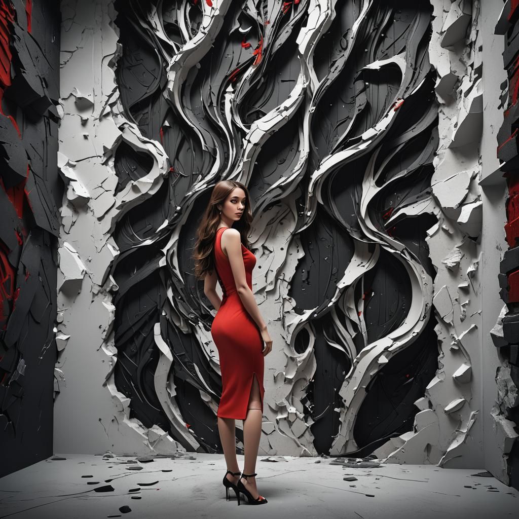 Woman in Red Dress Against Graphic Wall