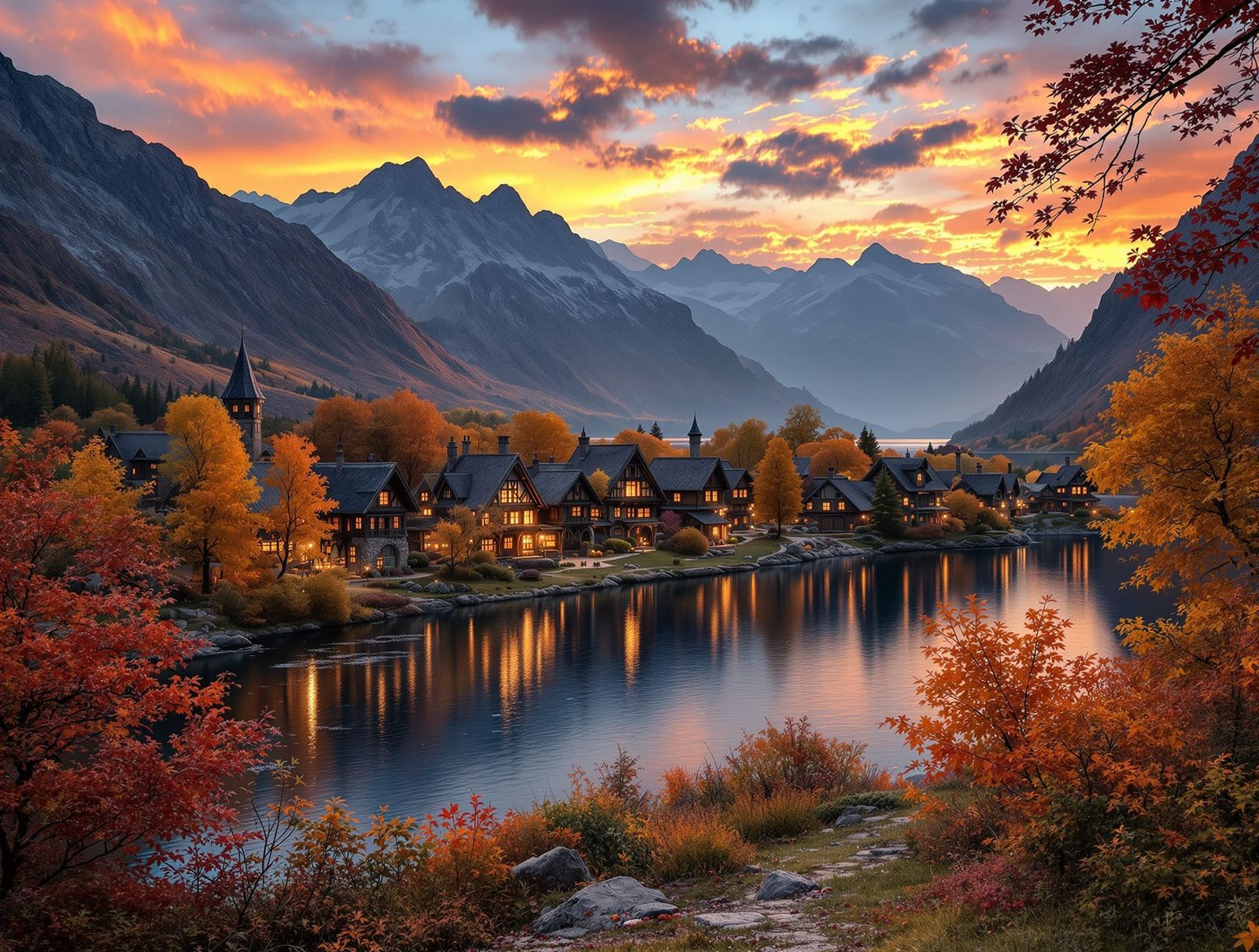 Old Norse Village at Sunset Over Highland Lake