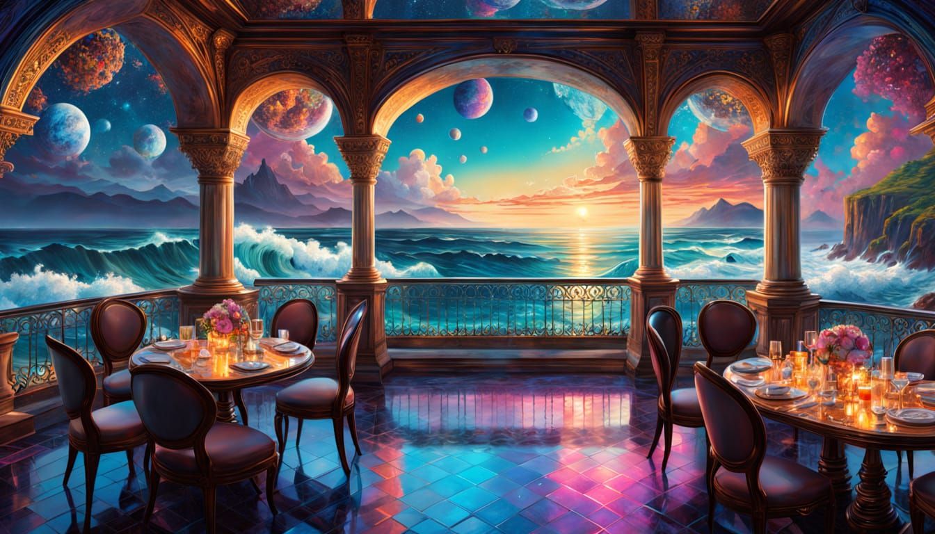 Midnight Cafe Balcony in the Sea, Watercolor Patchwork