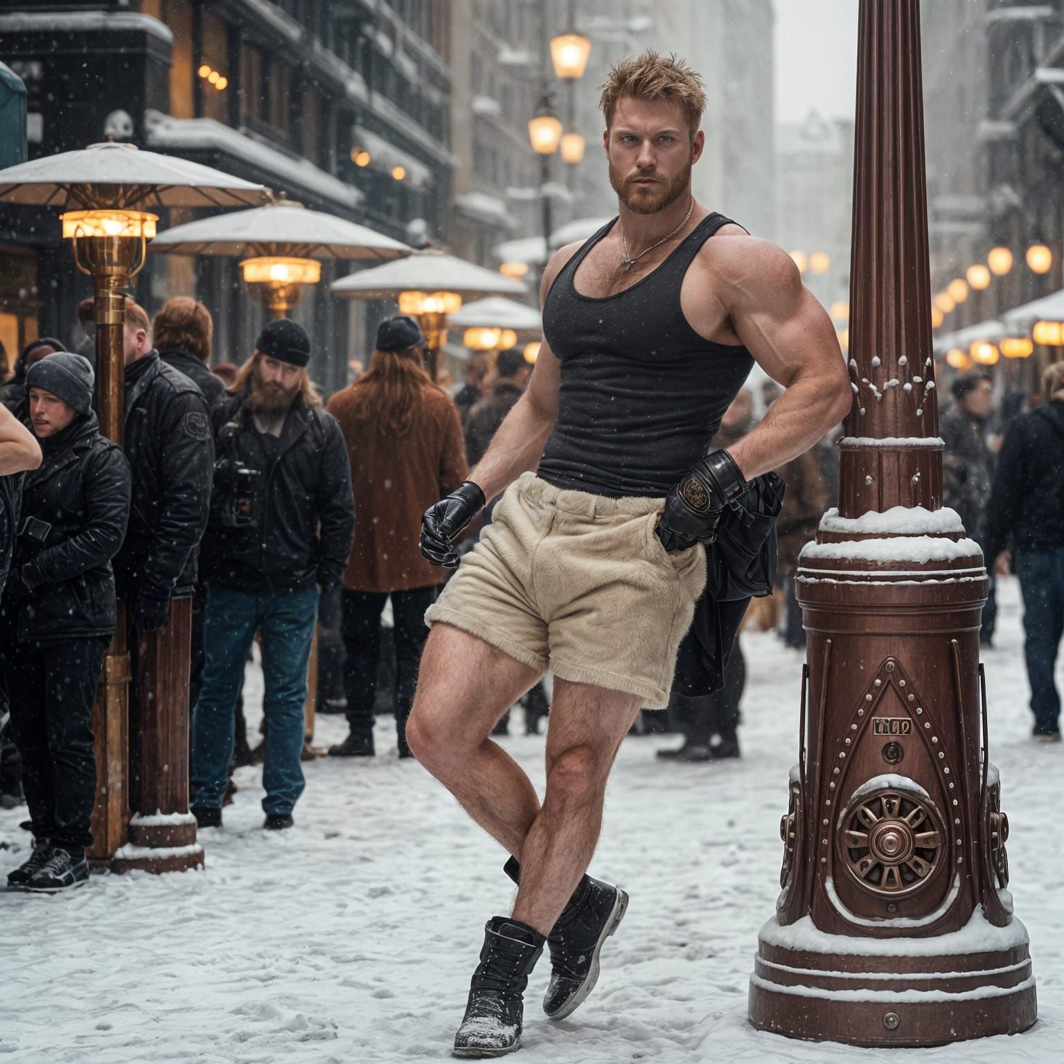 Dieselpunk Man in Snowy City Square