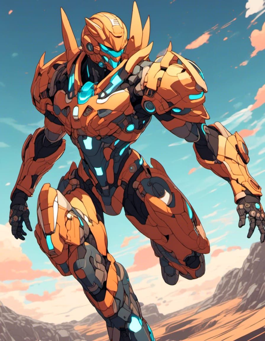 Mango colored Protogen in Mango colored armor on a battlefield. <lora:Gridimation:1.0>