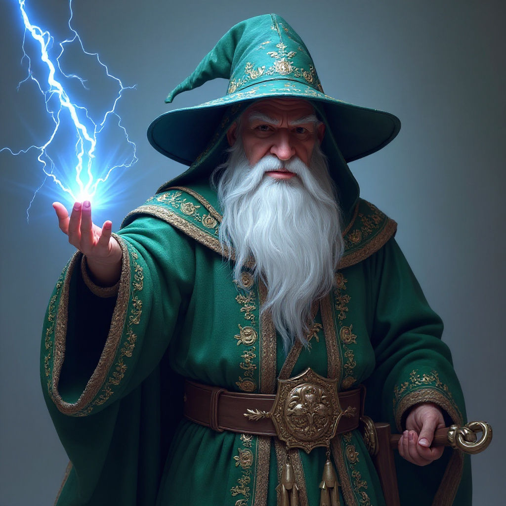 Gnome Wizard Casting Lightning Bolt Spell, Fantasy Realism