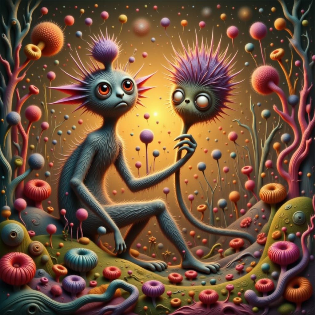 Fluffy Flora Creatures in Dreamlike Abstract Landscape