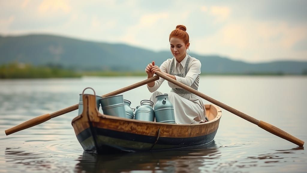 Woman Rows Boat with Milk Cans in Serene Landscape