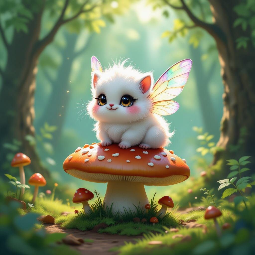 Fluffy Creature on Mushroom in Enchanted Forest