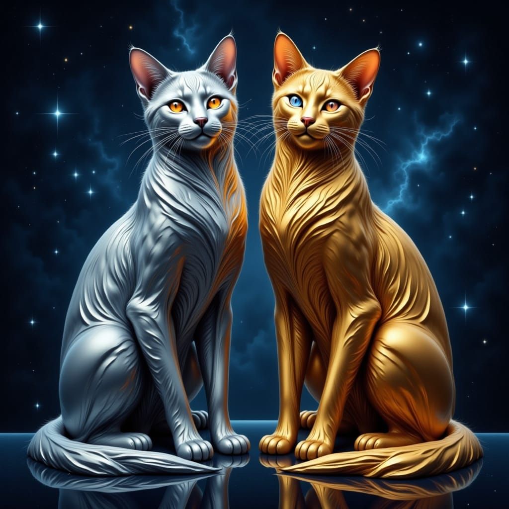 Symmetrical Gold and Silver Cats in Art Deco Style