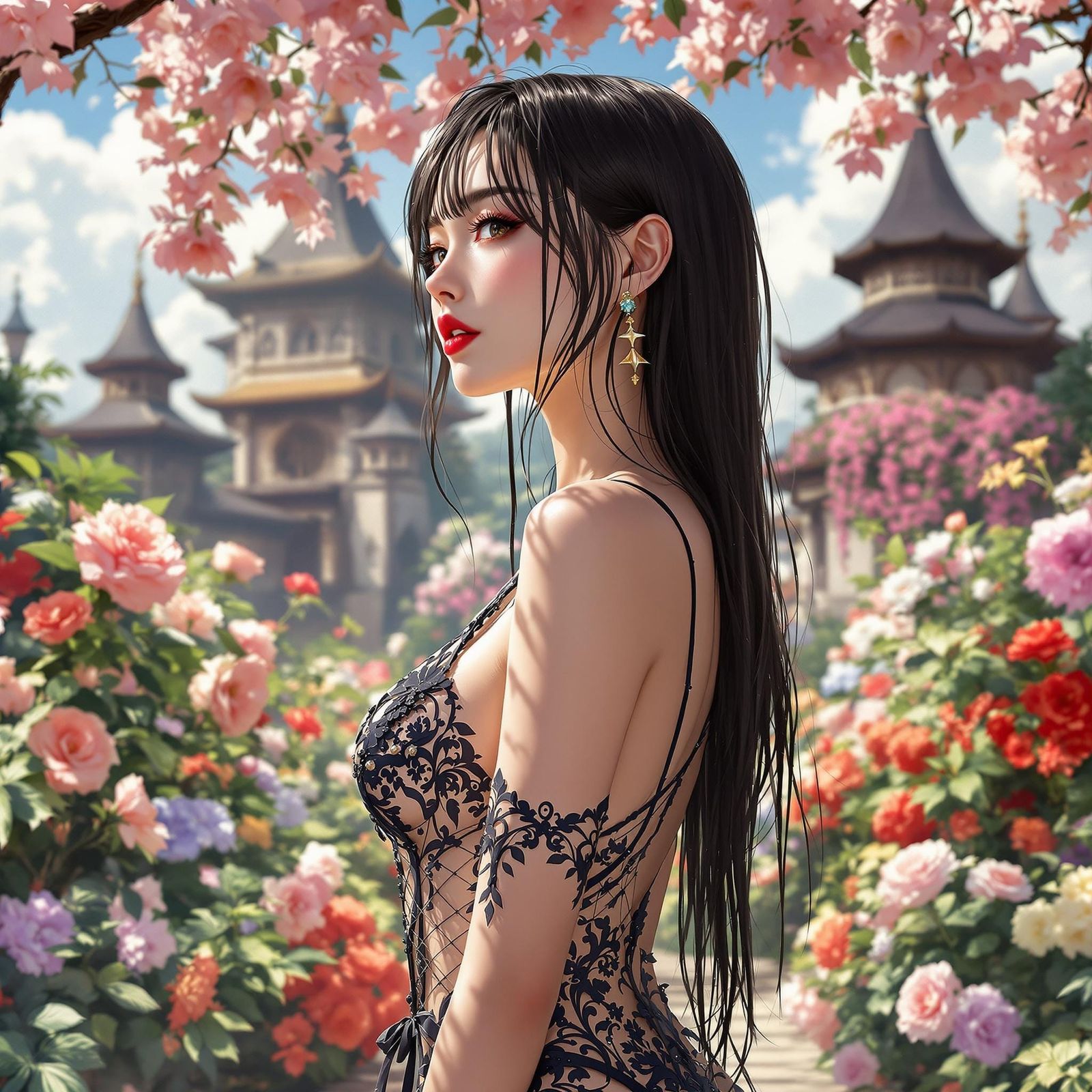Anime Woman in Garden with Gothic Pavilions