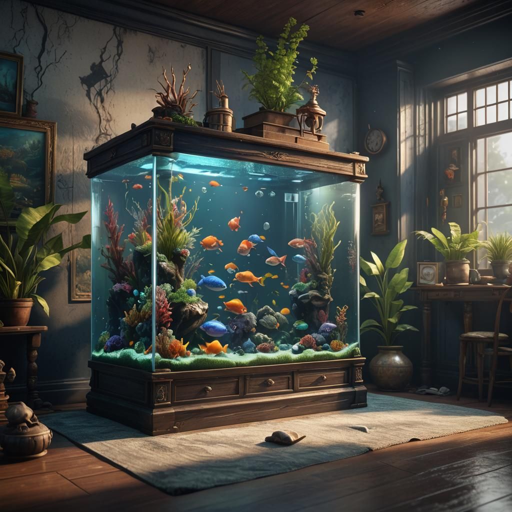 Fantastical Fish Tank in Room: Detailed Matte Painting