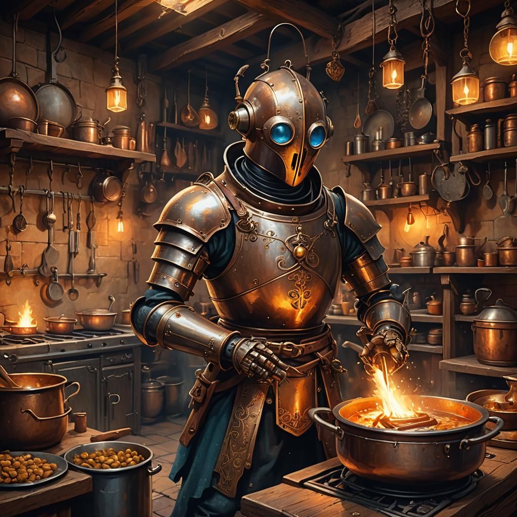 Robot Maid Cleans Medieval Kitchen: Fantasy Art