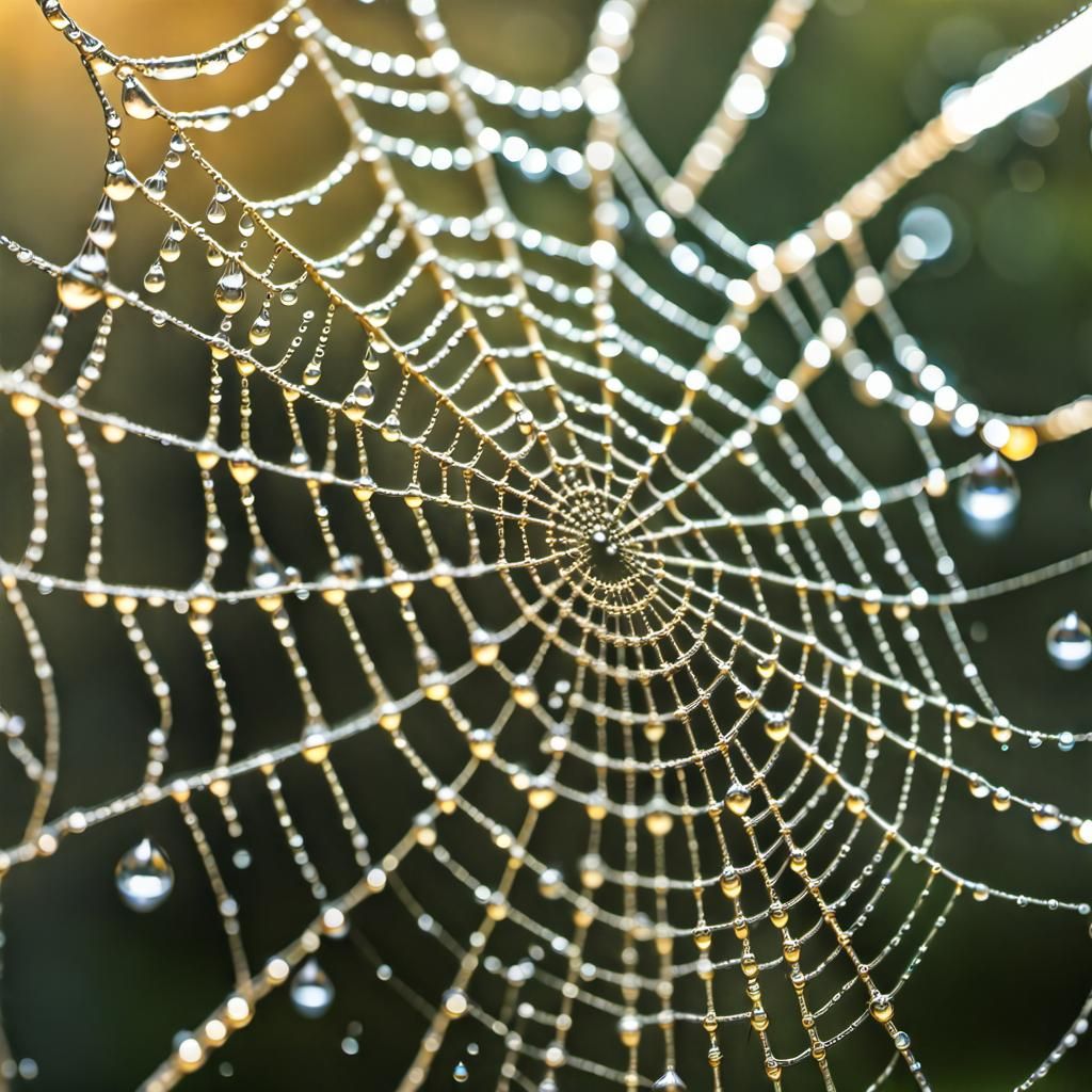 Intricately detailed woven Gold Silk Spider web covered with raindrops sparkling like tiny lead crystal prisms, macro ph...