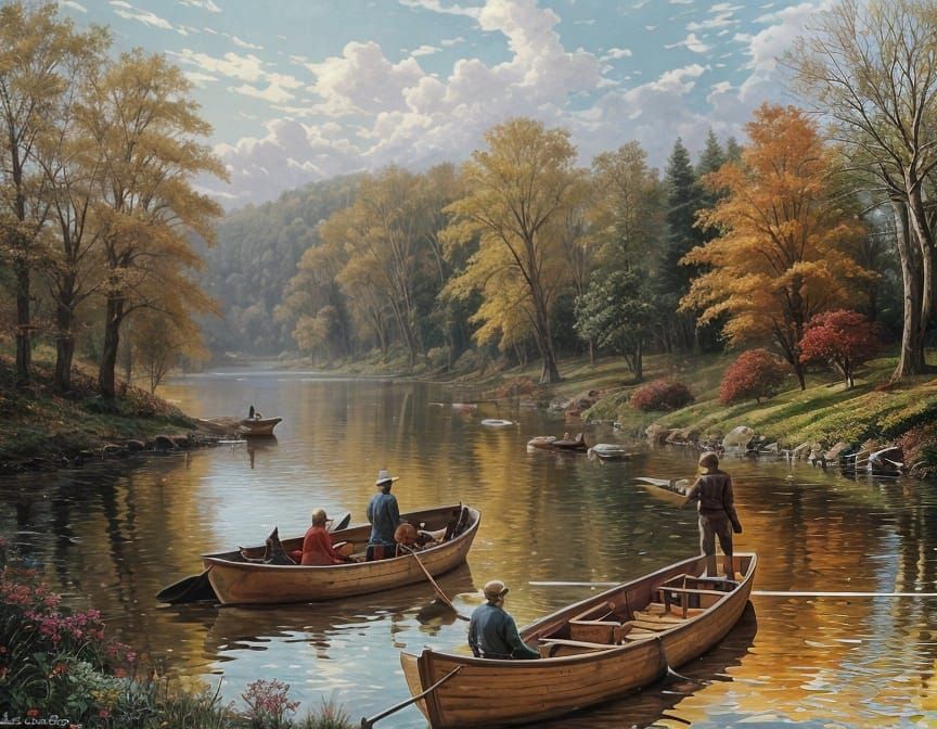 Autumn Fishing Scene: Cozy Park in Oil Painting
