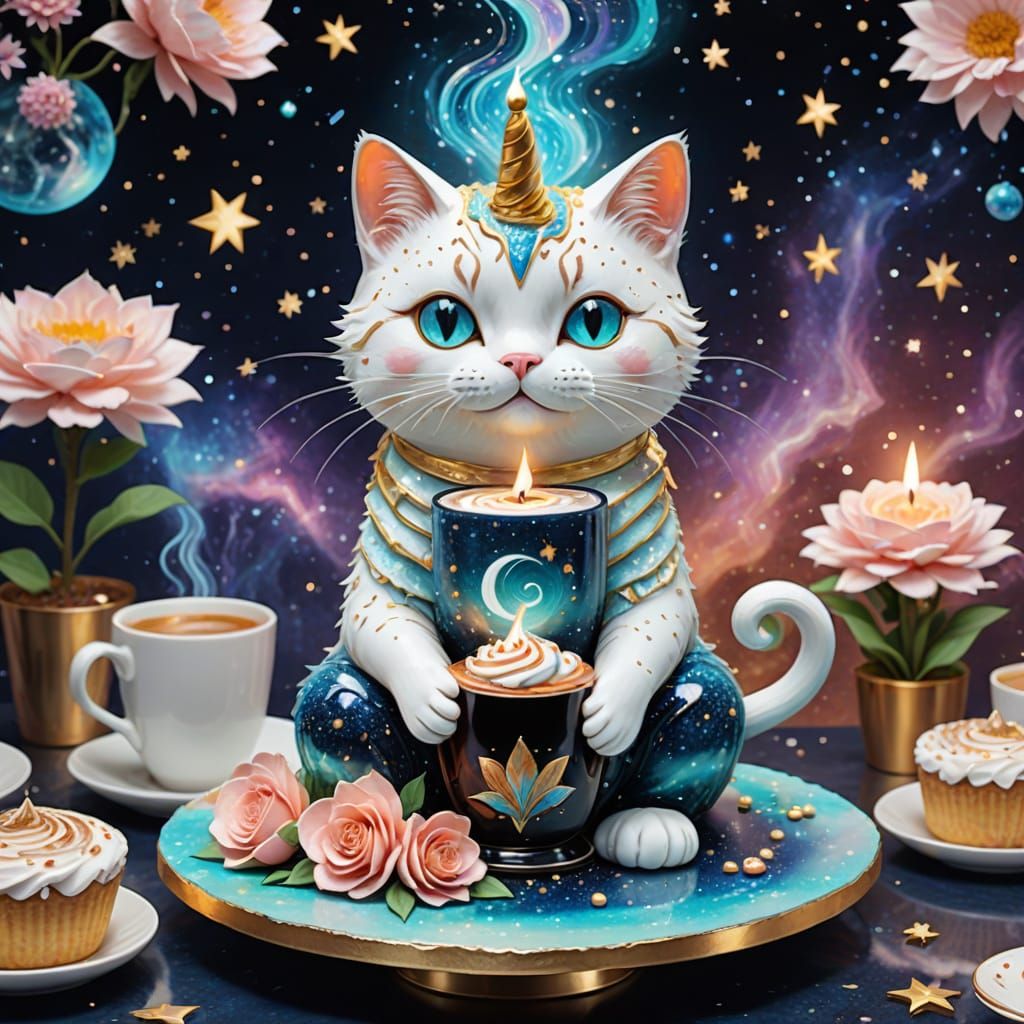 Magical Cat and Coffee Cake in Astral Cosmic Style