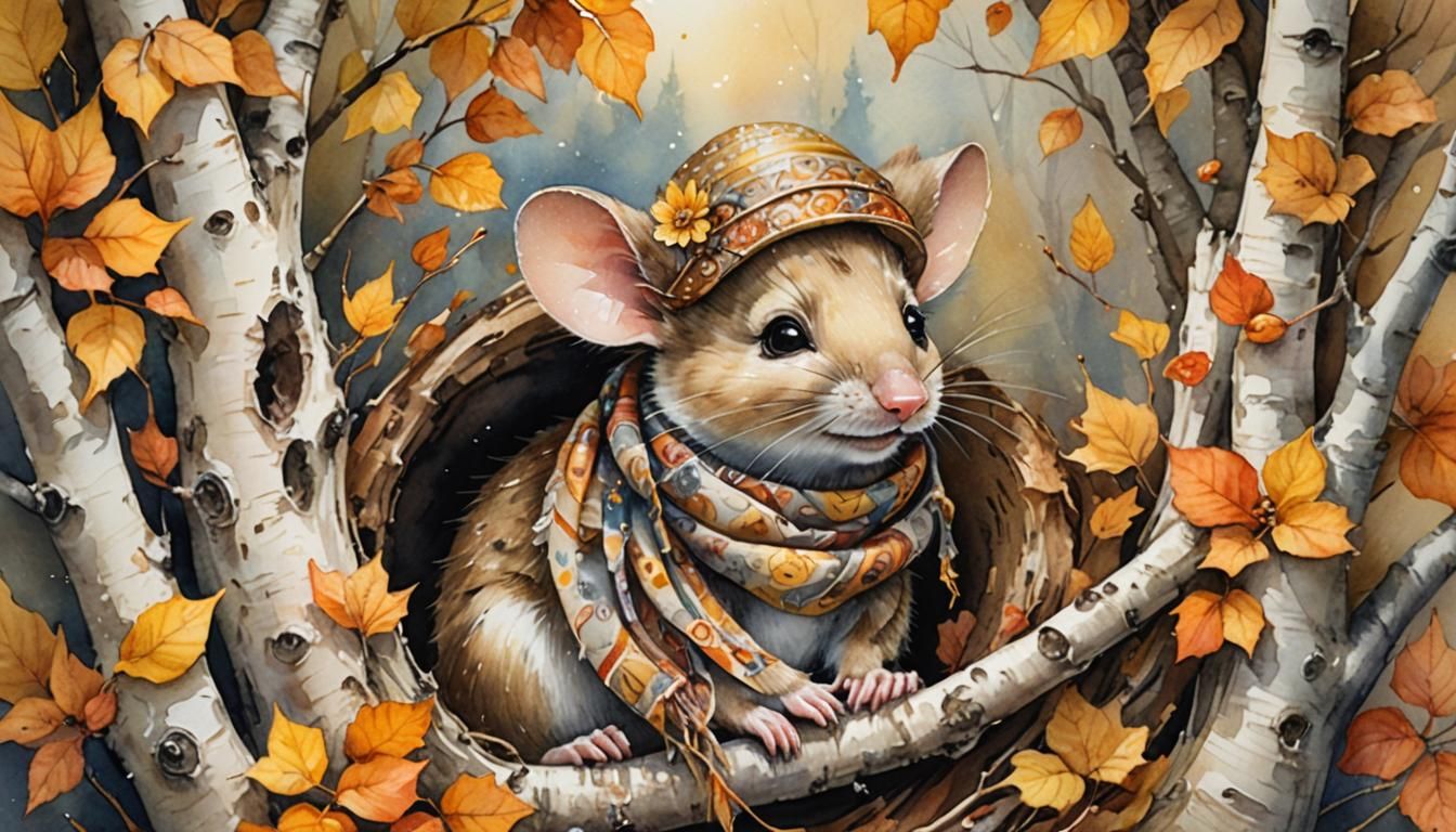 Watercolor Mouse in Birch Tree with Autumn Flowers