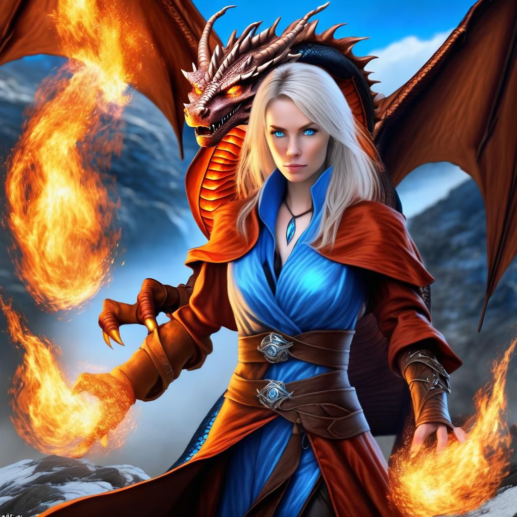 Elemental Mage with Dragon: Photorealistic Detail