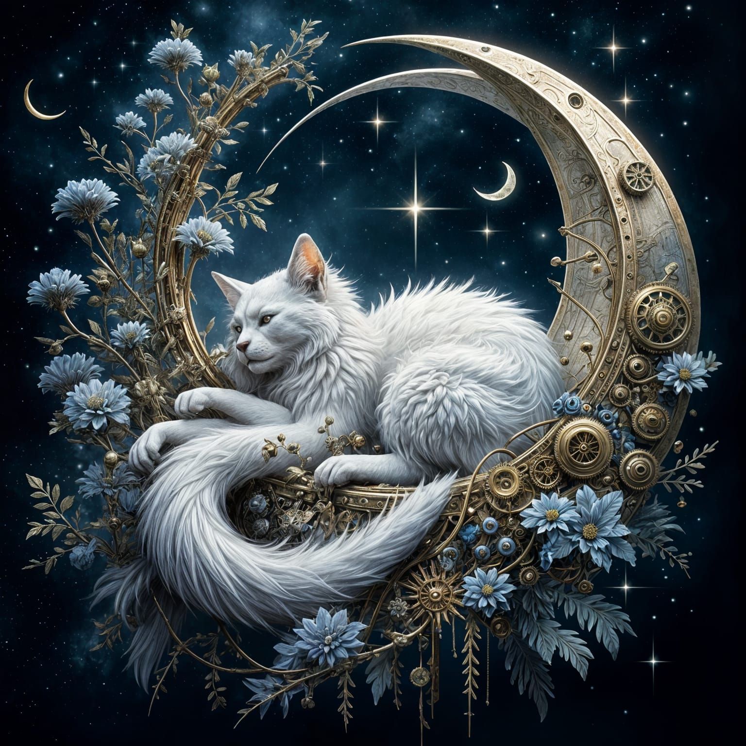 White Cat Guardian on Clockwork Moon in Celestial Slumber