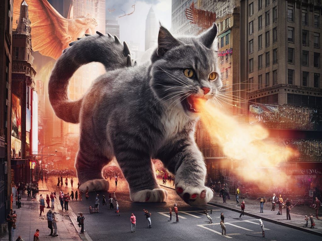 Giant Furry Cat Dragon in City Center