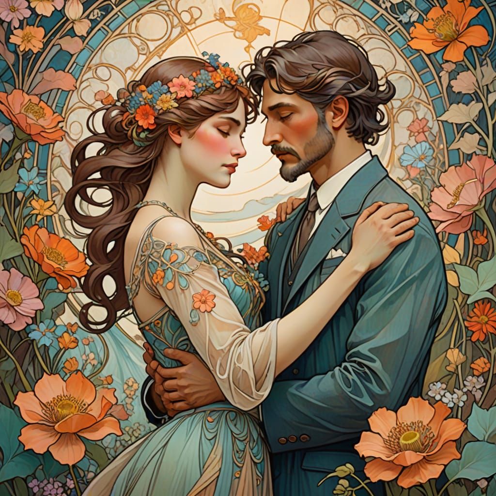 Art Nouveau Couple Embracing in Vibrant Floral Cascade