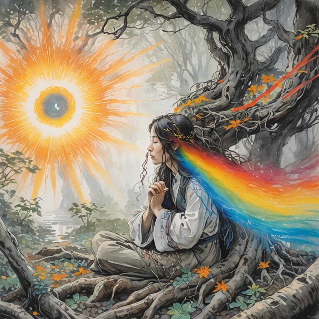 Serene Woman Practices Calligraphy in Misty Forest