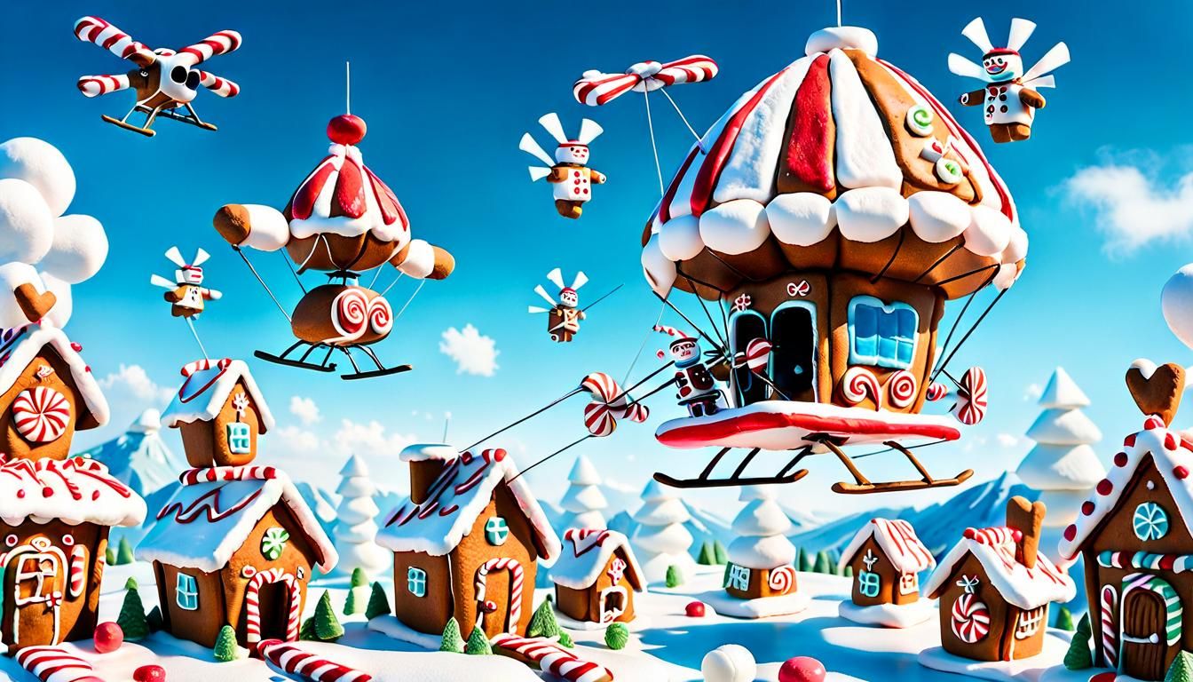 Marshmallow Heroes on Gingerbread Gyrocopter in Candy Land