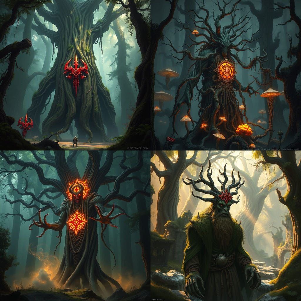 Surreal Treant Shaman in a Deep Forest with Khorne Symbol