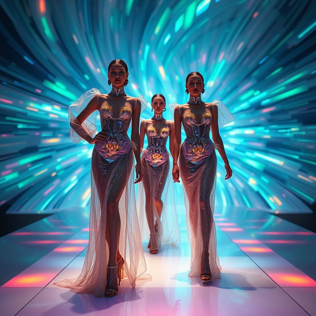 Ethereal Fashion Models in Futuristic Holographic World