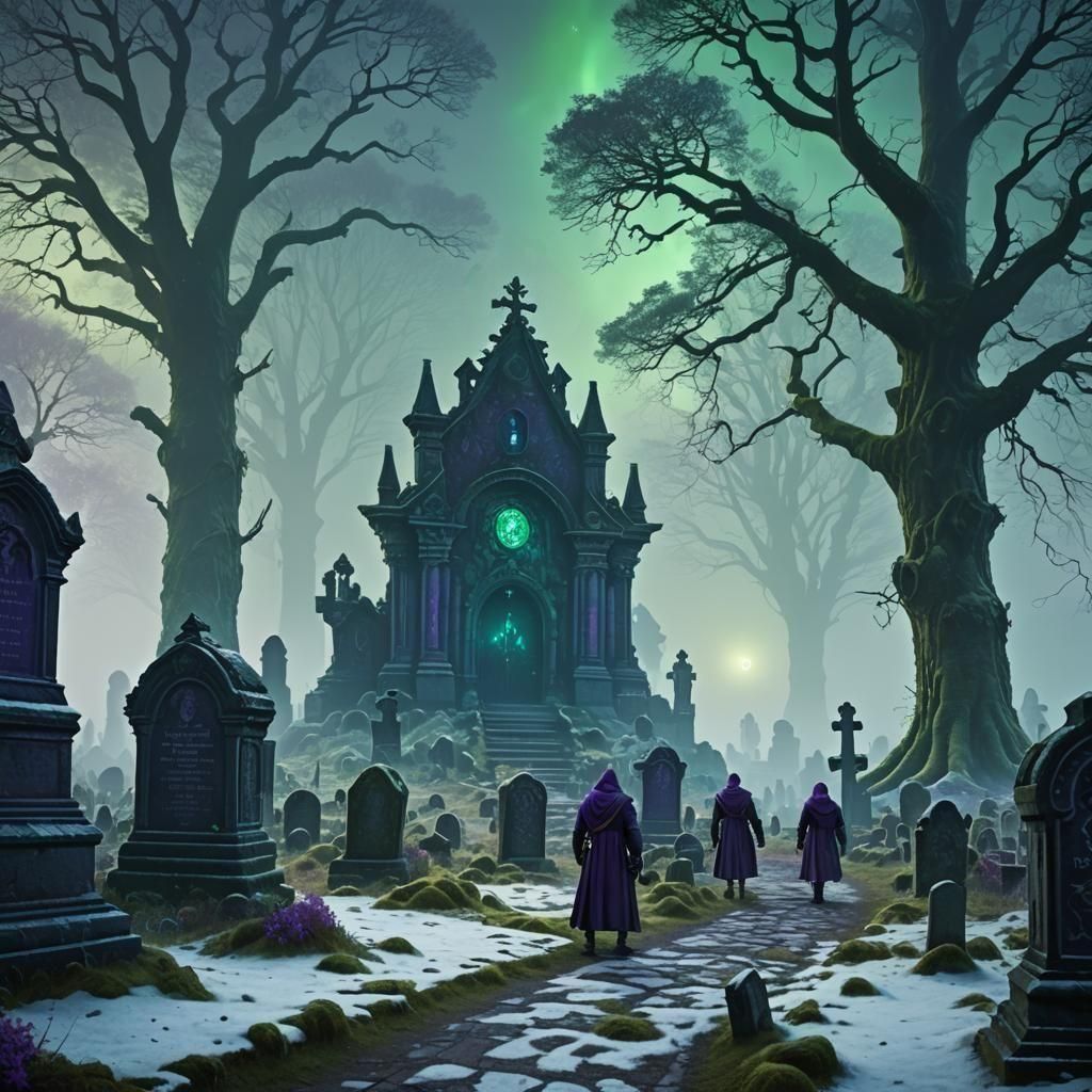 Adventurers Enter Foggy Graveyard with Beast, D&D Style