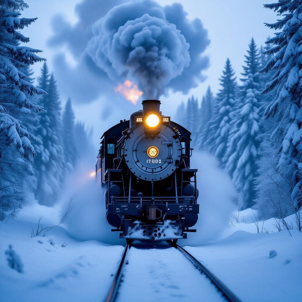 Powerful Steam Train in Snowy Winter Forest