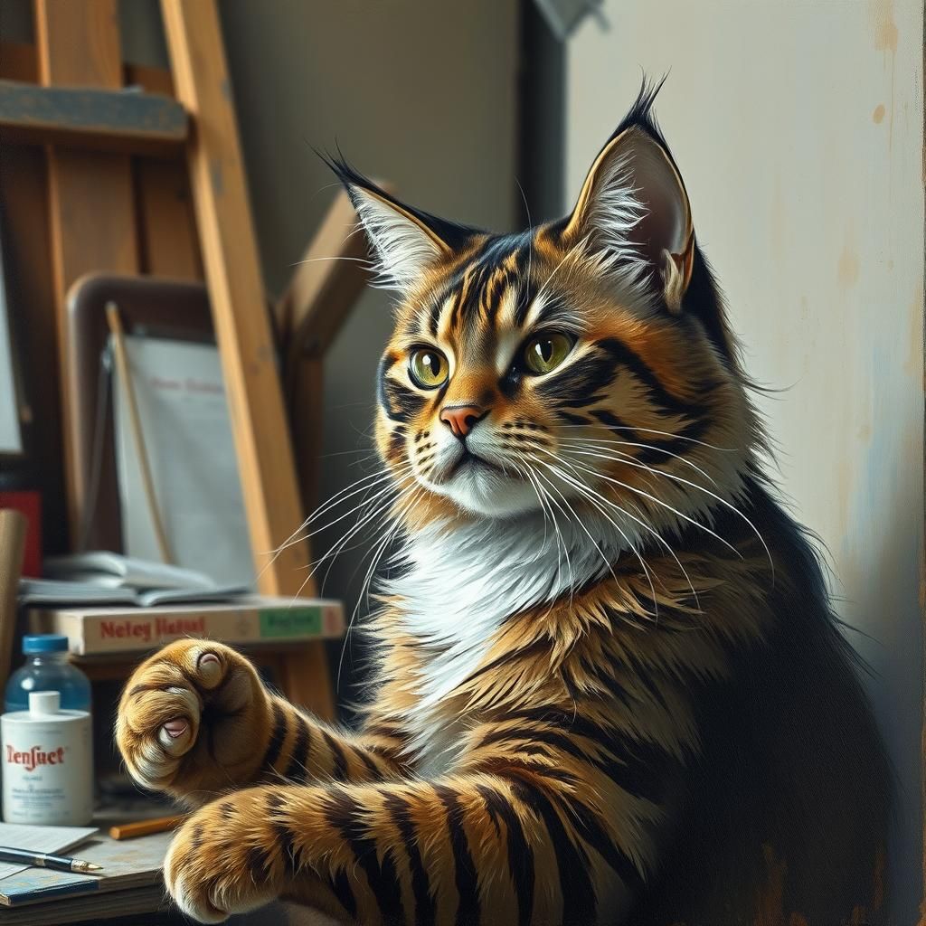 Cat Self-Portrait in Artist's Studio, Oil Painting