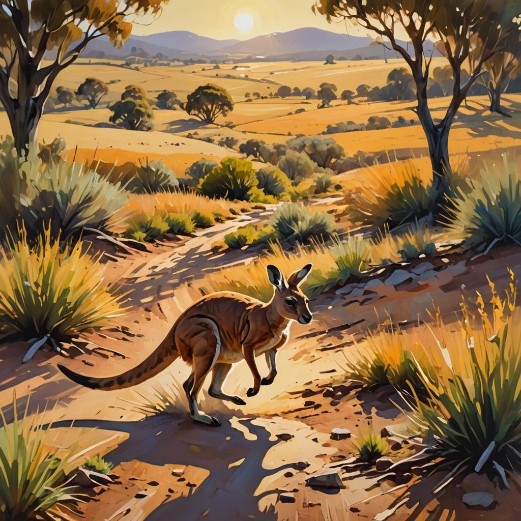 Kangaroo in Sunlit Landscape: Impressionist Painting