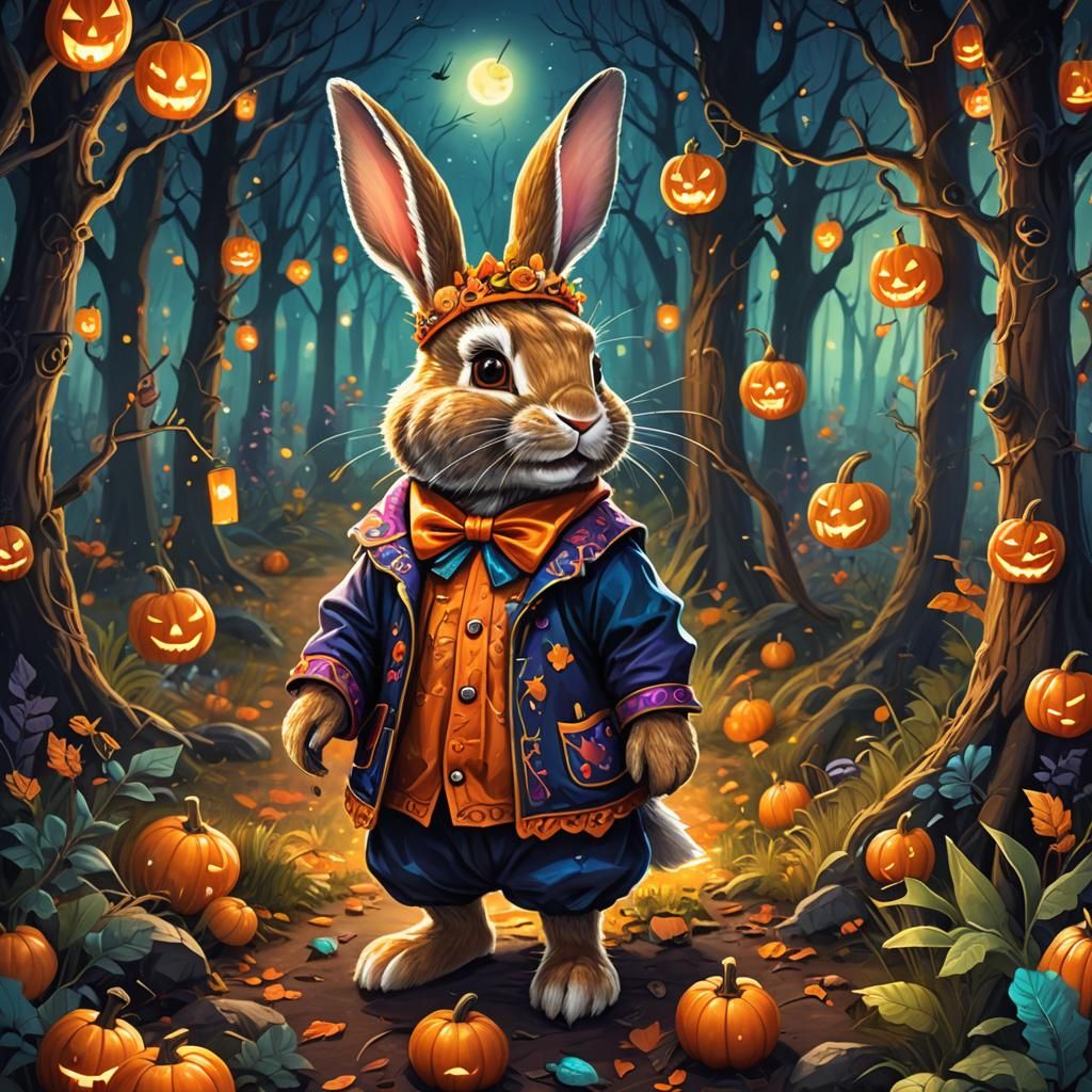 Cute Halloween Rabbit in Spooky Forest, Matte Painting