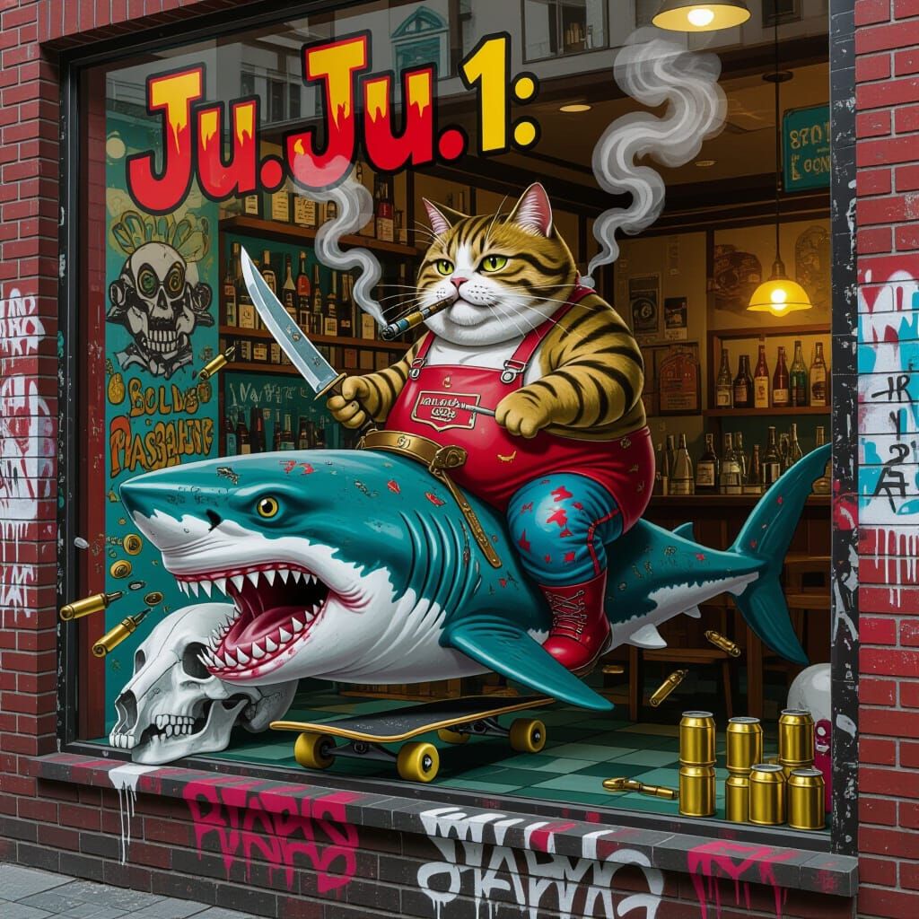 Dark Cat Butcher Rides Sharkskull in Graffiti Cafe