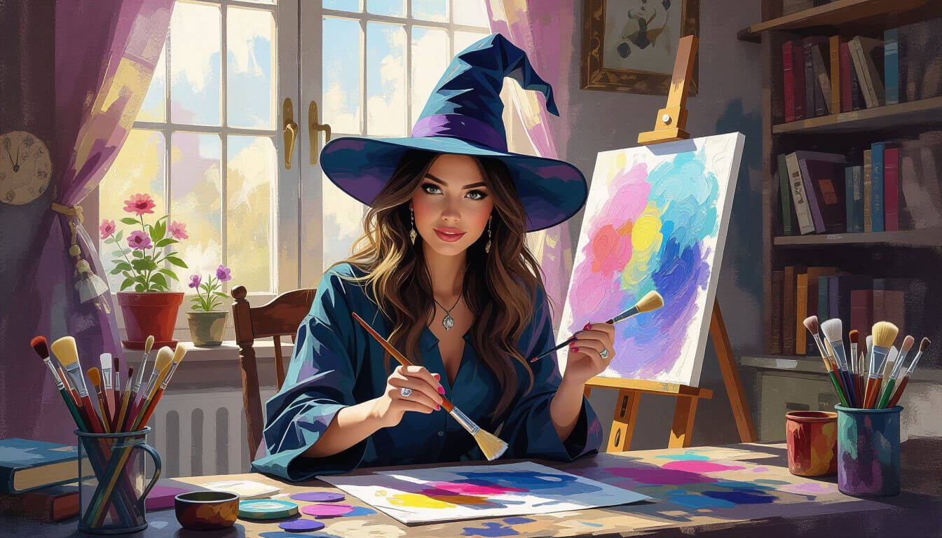 Witch Painting a Magical Studio Scene in Gouache Style