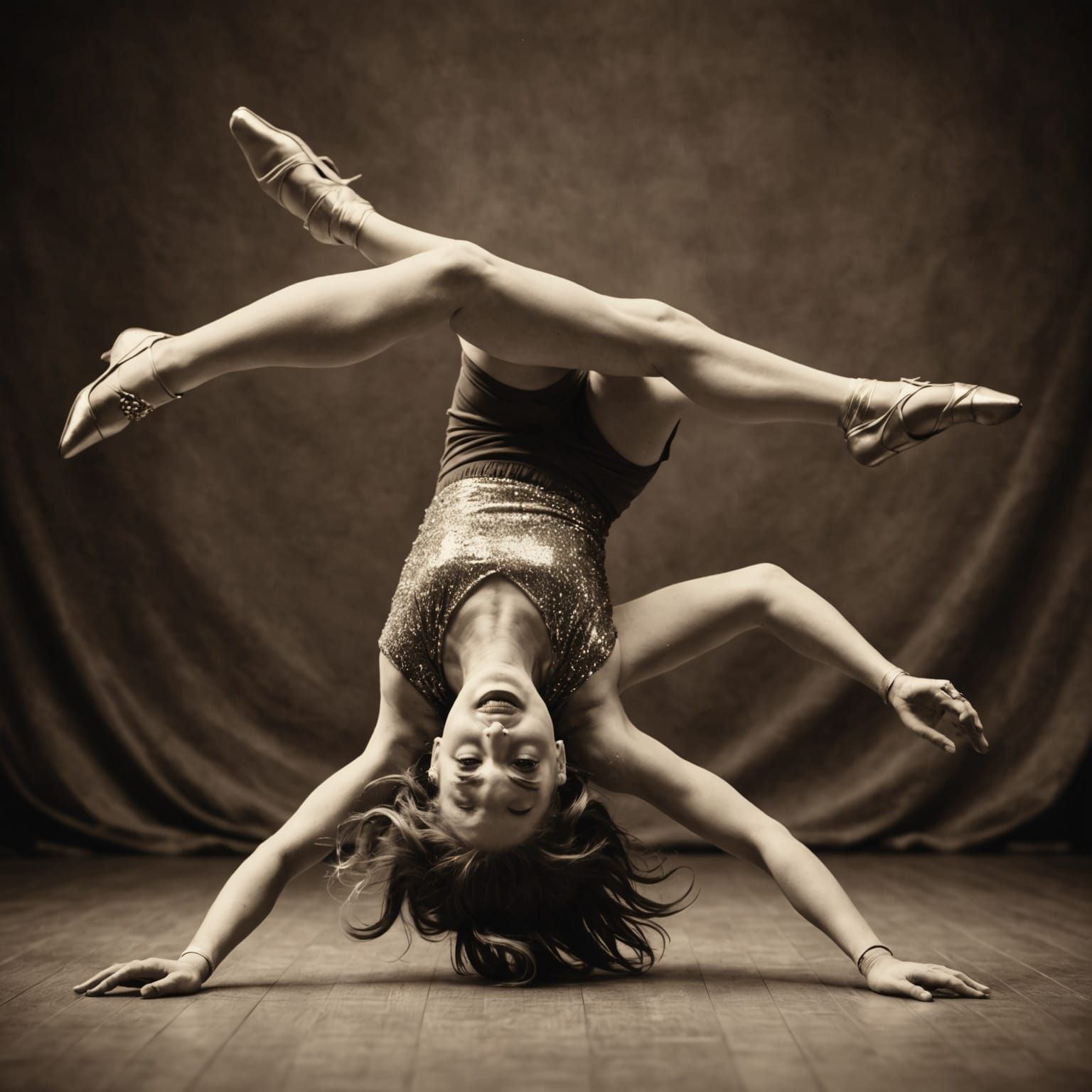 Dancing Contortionist and Animal in Vintage Sepia Photo