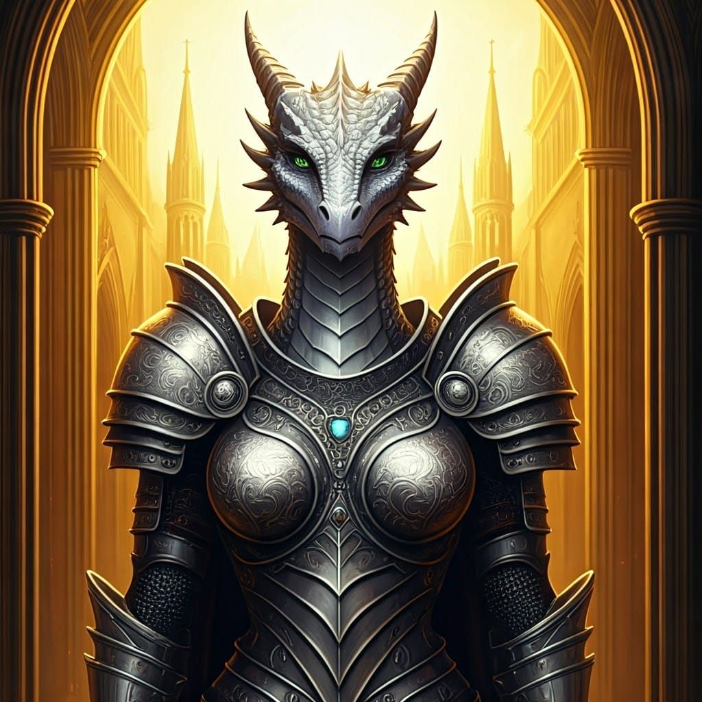 Elegant Silver Dragoness in Fantasy City