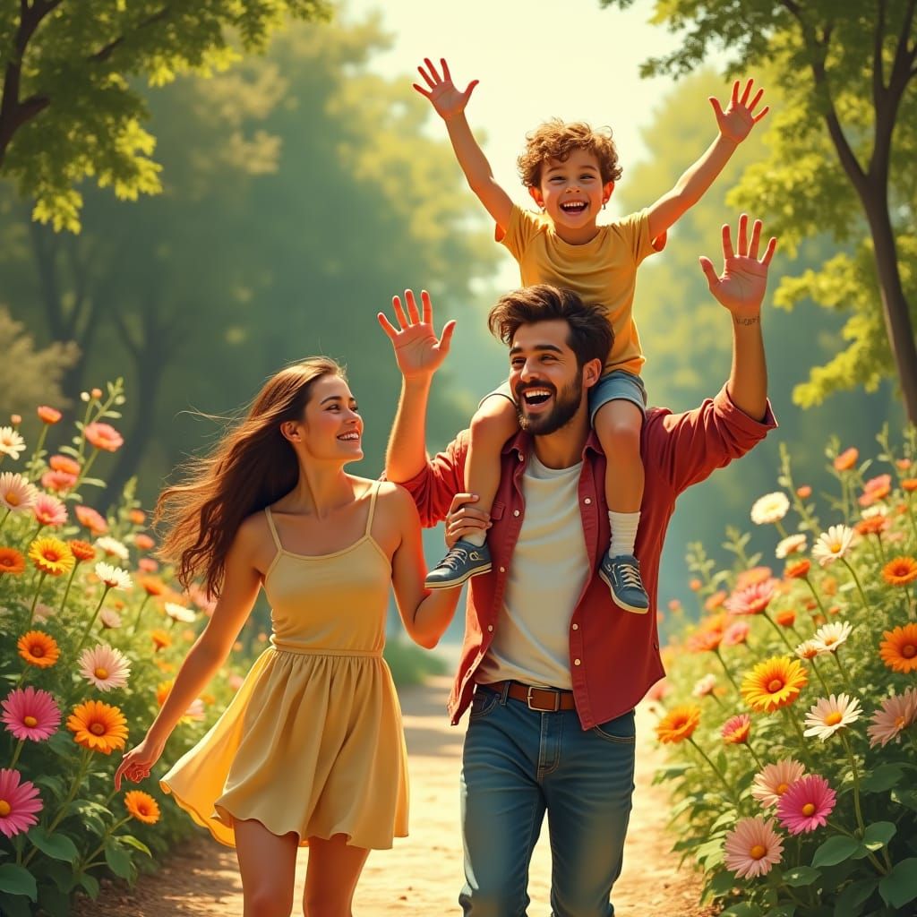 Joyful Family Scene in Lush Outdoor Setting