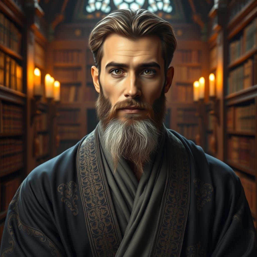 Wise and Elegant Scholar in Grand Library