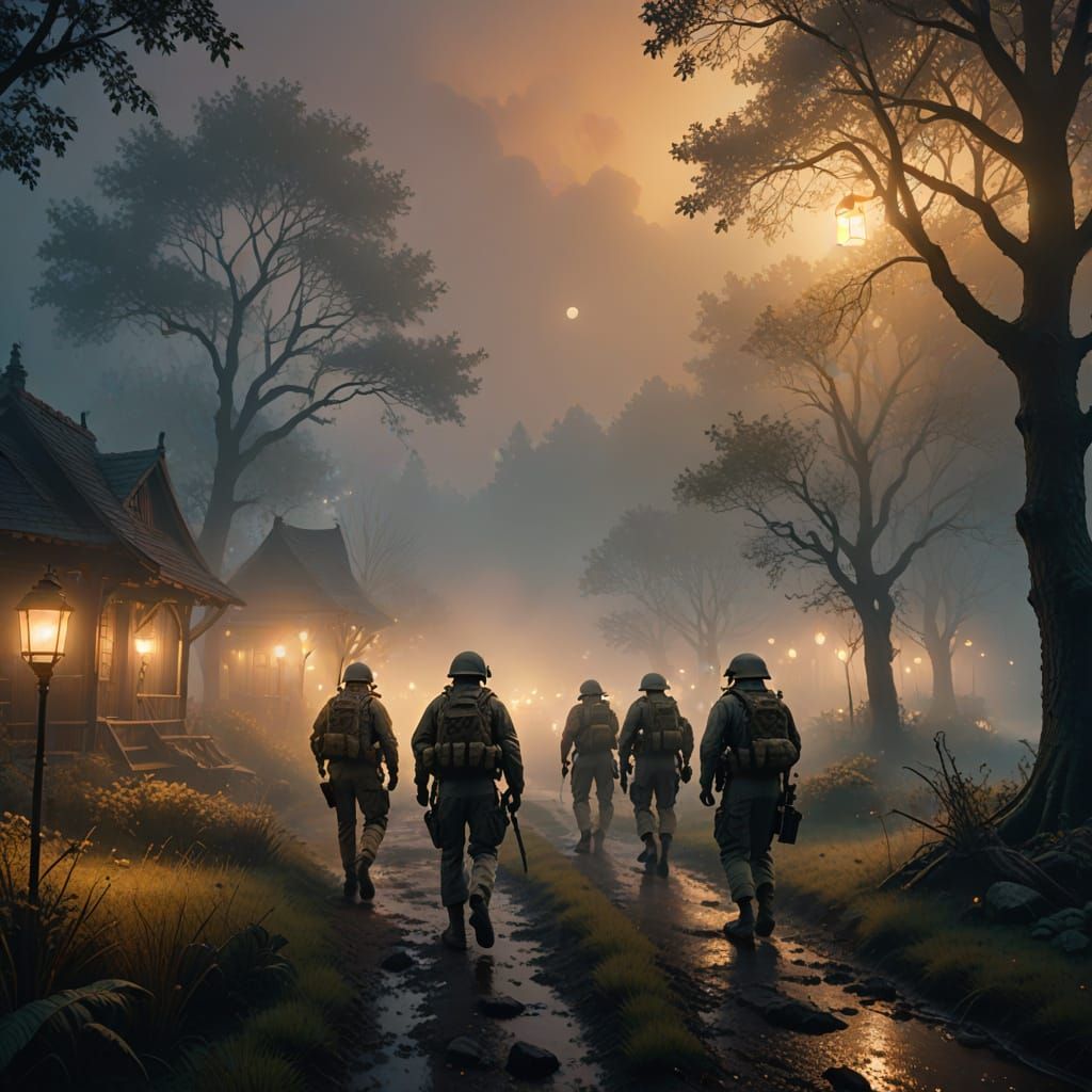 US Marines in a Golden Hour Misty Landscape