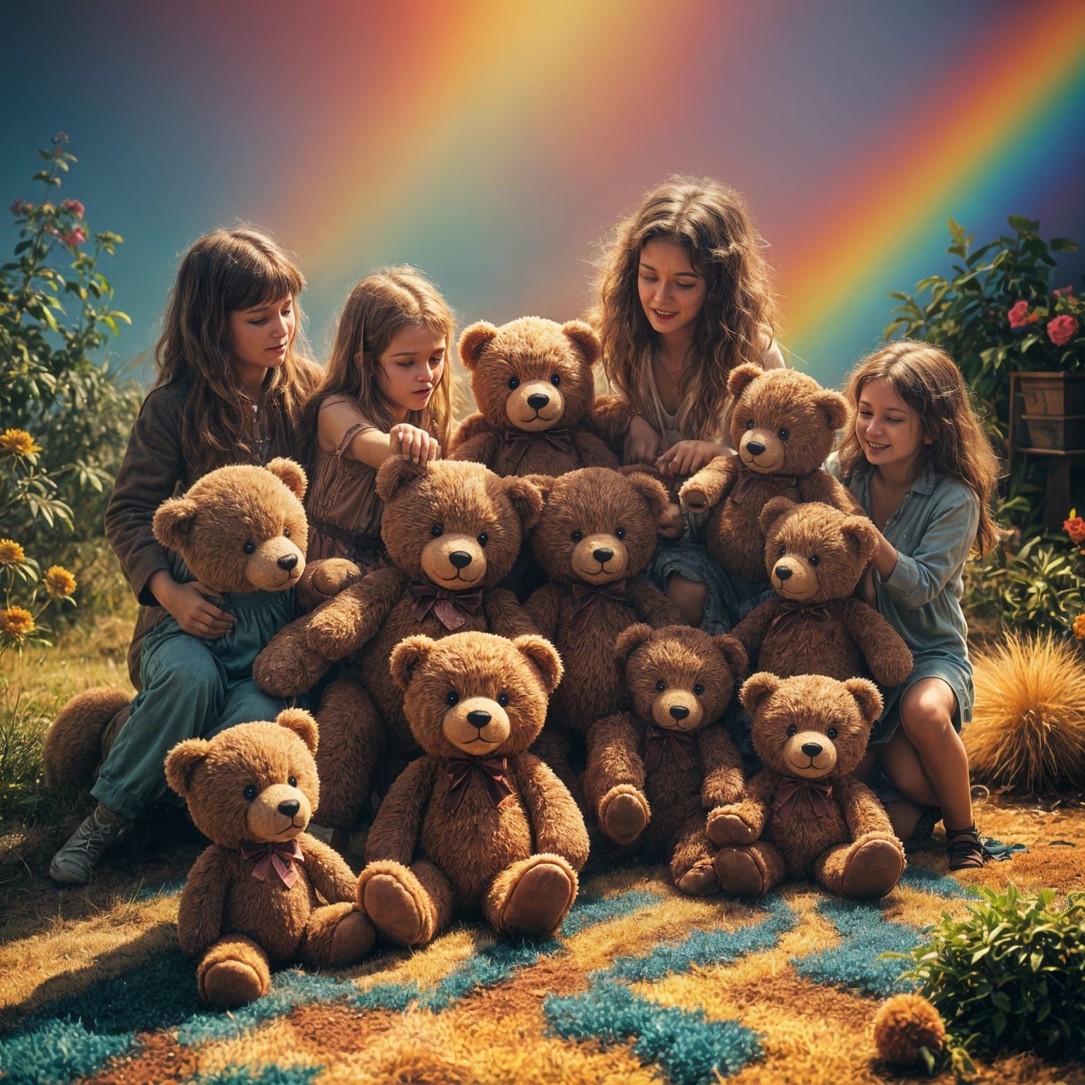 Teddy Bear's Wild Awakening: A 70s Hippie Polaroid
