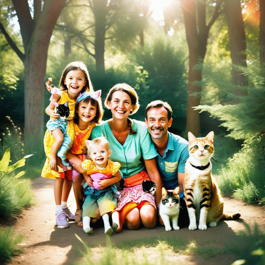 Whimsical Family Photo with Cat Photobomb