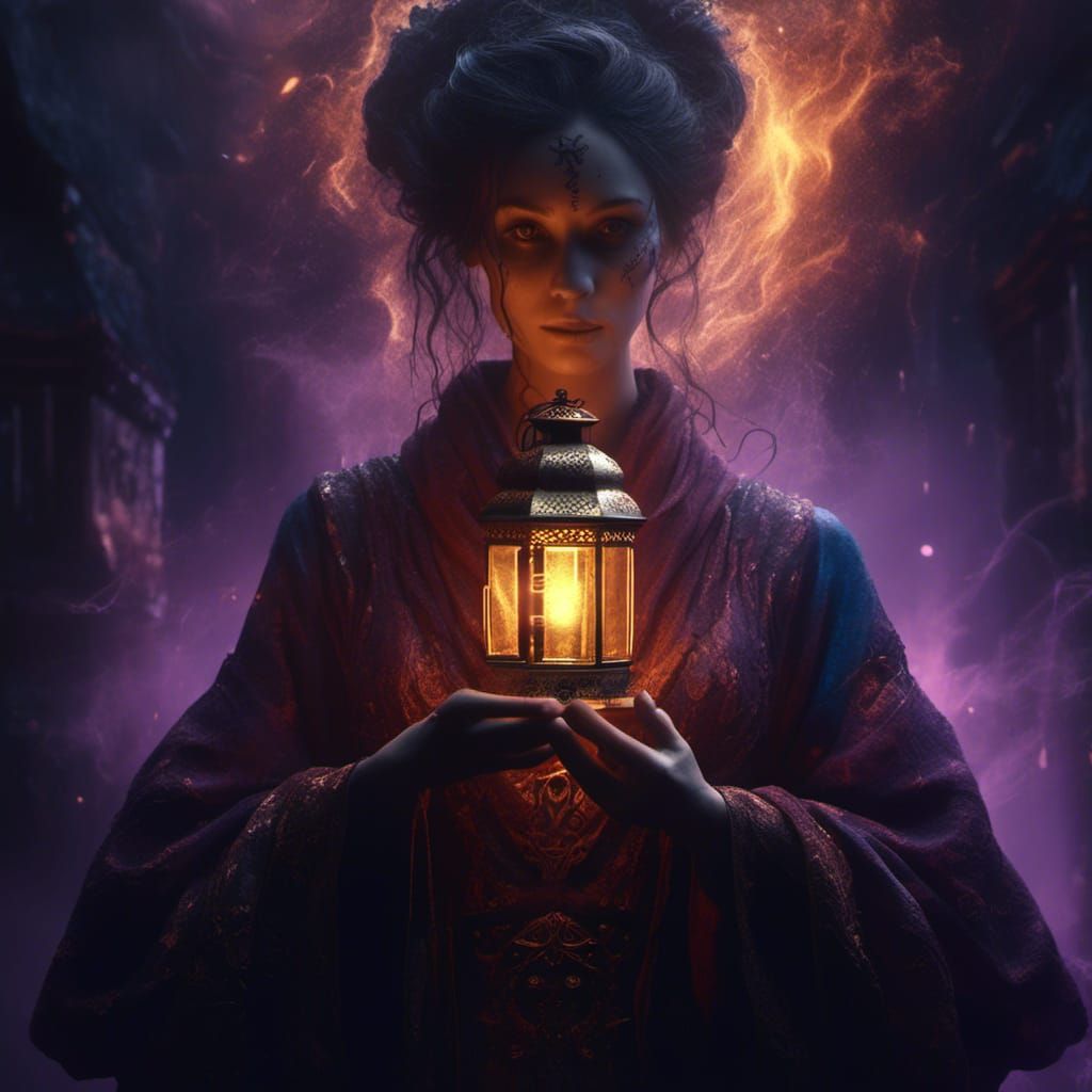 Woman with Glowing Lantern in Dark Fantasy Style