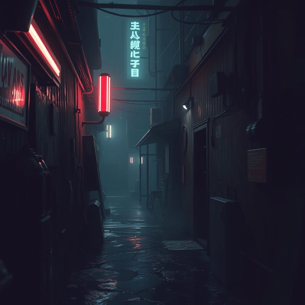 Dark Alleyway Scene in Futuristic Noir Style