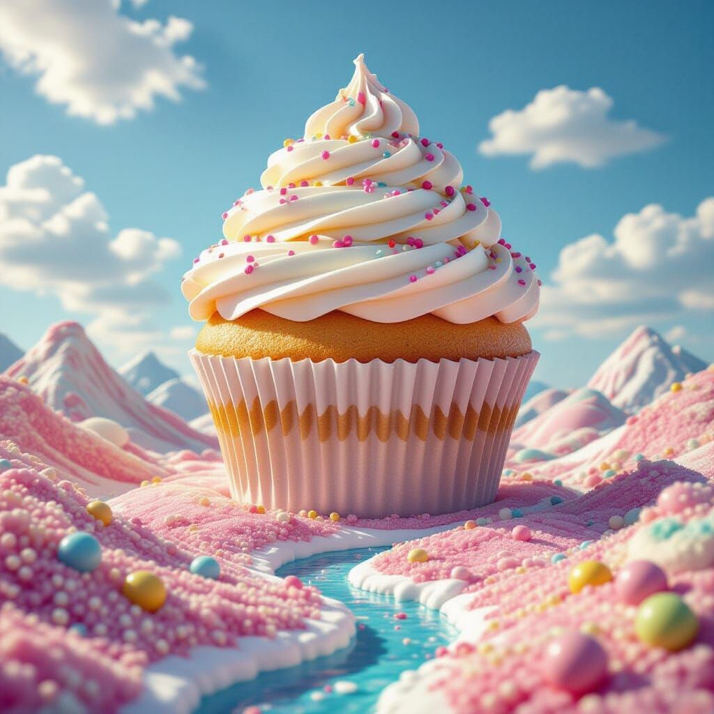 Giant Cupcake Colossus Over Candy Landscape