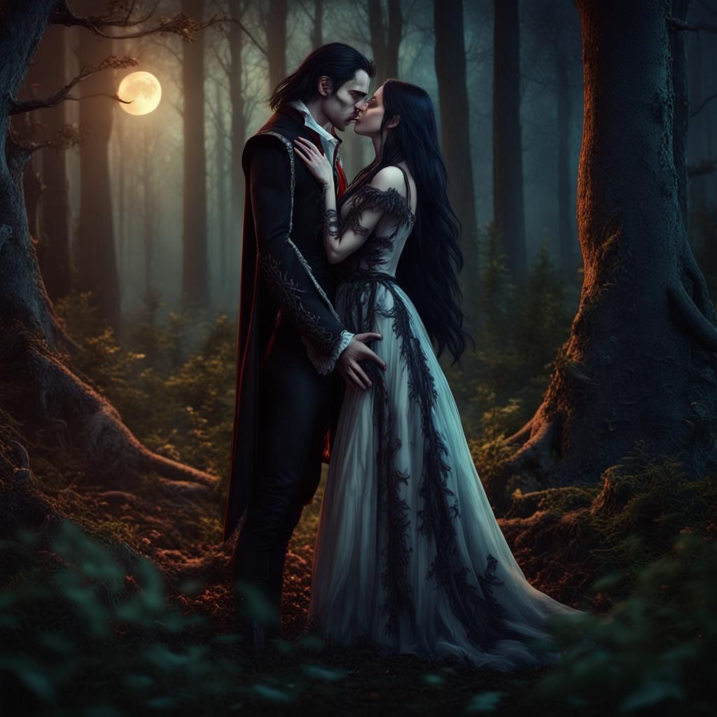 Vampires Kissing Under Stars: Detailed Fantasy Portrait