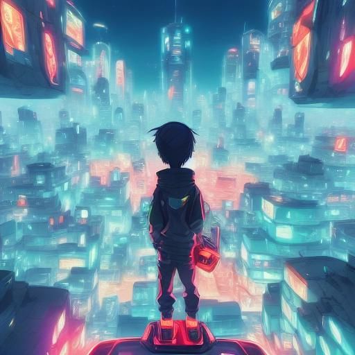 A child in a futuristic city flying on a hoverboard