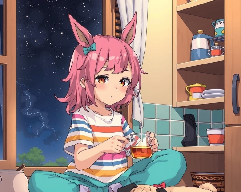 Whimsical Girl Brews Tea Under the Night Sky