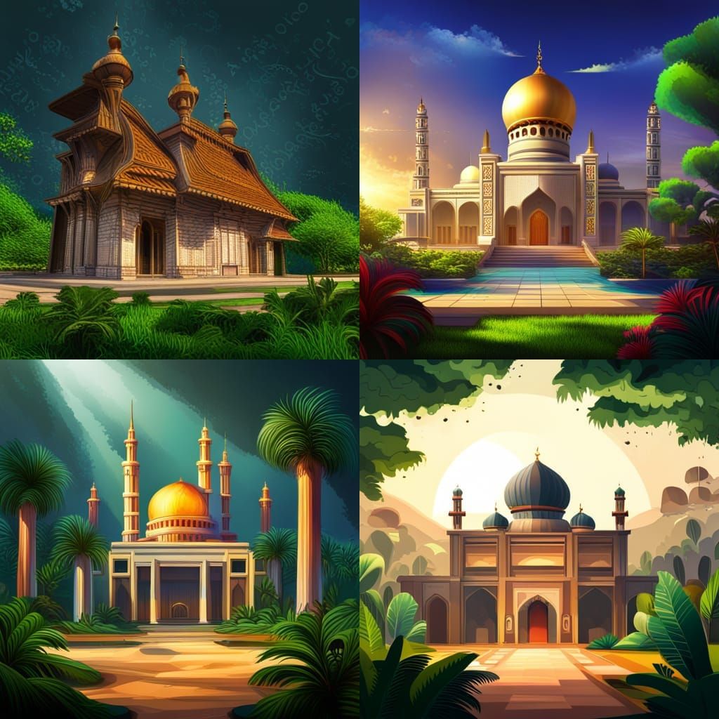 Scenic Mosque in Jungle: Hyperrealistic Splash Art