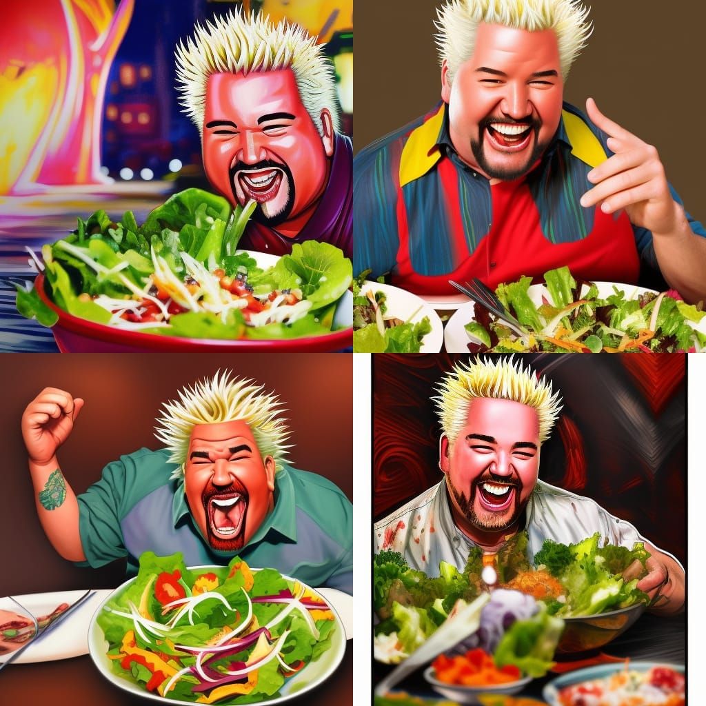 Guy Fieri Laughing Eating Salad: Hyperrealistic Splash Art